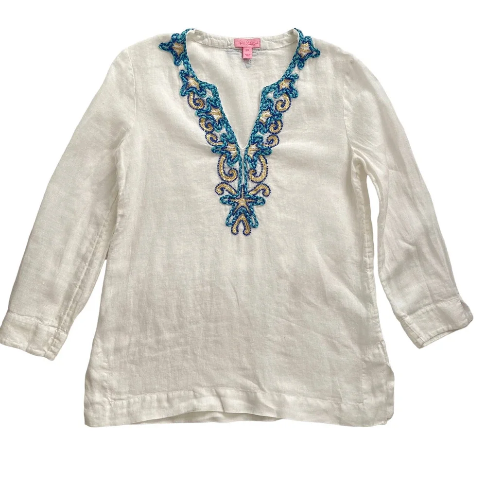Lilly Pulitzer Amelia Island Linen Embroidered Tunic Top Women Size XS - Picture 8 of 16